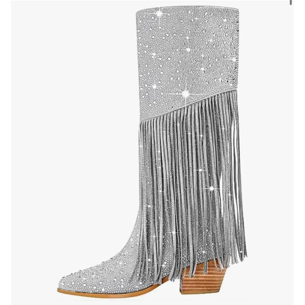 Rhinestone Fringe Knee High Boots Silver‎ Western Festival Size 6 New